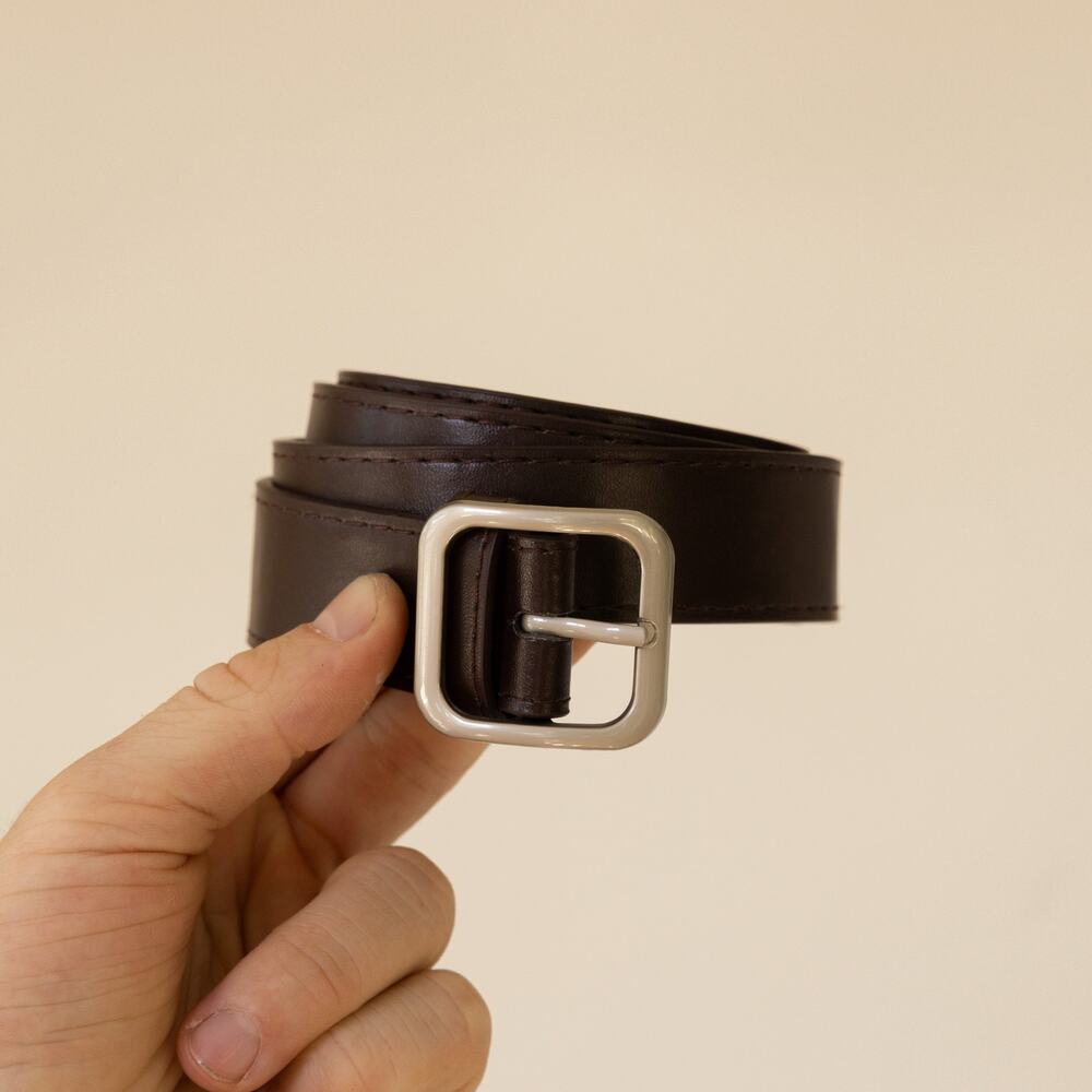 Vintage Brown Leather Belt Minimalist Silver Square Buckle Everyday Unisex